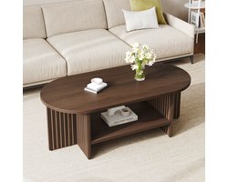 COVREO Ovale salontafel met onderplank – 100x49x35 cm – Zeteltafel van MDF – Woonkamermeubel met rillendesign – Walnoot