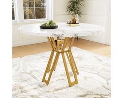 COVREO Ronde eettafel 100x100x76 cm – wit marmerlook fineer MDF, gouden metalen poten, voor 4-6 personen