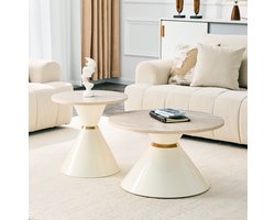 COVREO Salontafel set 2-delig 70 x 70 x 50,5 cm - nestbaar, steenlook blad, cremewit en goud