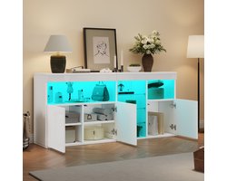COVREO Sideboard 155,5x35x72 cm wit - 3 deuren met glas - hoogglans afwerking - met LED-verlichting - griffloos - opbergkast voor woonkamer of eetkamer
