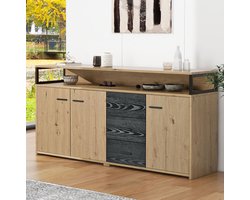 COVREO Sideboard 3 deuren en 3 laden - 150x35x75,9 cm houtkleur en zwart - industriële stijl - opbergkast met metalen handgrepen - voor woonkamer, slaapkamer of kantoor