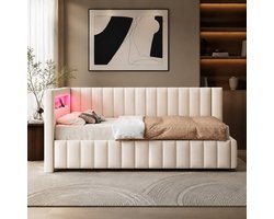 COVREO Slaapbank met LED-licht en USB-aansluiting – 140x200 cm – Bed van stof en MDF – L-vormig design – Beige - zonder matras