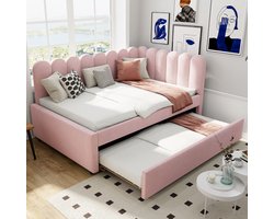 COVREO Slaapbank met uitrolbed – 205x148x90 cm – Gestoffeerd bed voor logees – voor kleine ruimtes en 2 personen – Roze - zonder matras