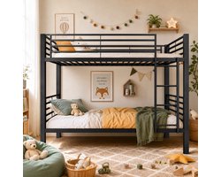 COVREO Stapelbed met lattenbodem – 90x200 cm – Metalen slaapframe met ladder – voor kinderen en volwassenen – Zwart - zonder matras