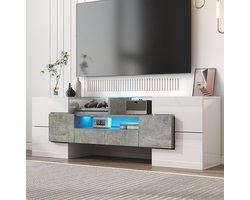 COVREO TV meubel 145 x 30 x 51 cm - hoogglans wit met betonlook, LED-verlichting