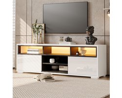 COVREO TV-meubel 150 x 35 x 50 cm - hoogglans tv-kast met LED, 2 deuren en vakken, wit zwart