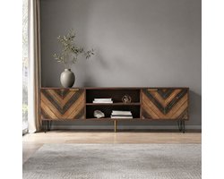 COVREO TV meubel 155x38x48 cm - naturel, 2 deuren, open opbergvak en metalen poten