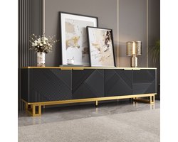 COVREO TV-meubel 160 x 37,5 x 48 cm - 4 deuren, open vak, kabeldoorvoer, zwart goud