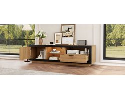 COVREO TV meubel 160 x 40 x 50 cm - LED verlichting, 1 lade, glasplanken, zwart en eikenkleur