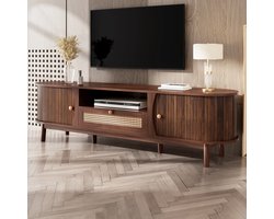 COVREO TV-meubel 165 x 37 x 46 cm - walnootkleur, MDF met rattan details, schuifdeur en laden
