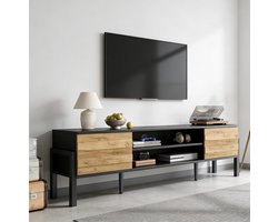 COVREO TV meubel 175x39,5x53 cm – zwart met houtlook, 2 deuren en open opbergruimte