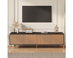 COVREO tv meubel 179 x 35 x 53,5 cm - 4 deuren, zwart/naturel, gouden metalen poten