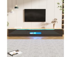 COVREO TV-meubel 180 x 35 x 30 cm - hoogglans, 16-kleuren LED, wandmontage, zwart en houtlook