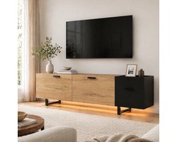 COVREO TV-meubel 180 x 38 x 49 cm - zwart, houtlook, met lades, open vakken en LED