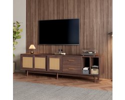 COVREO TV-meubel 190 x 40 x 52 cm - bruin MDF met rattan deuren, 2 laden en 6 steunpoten