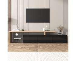 COVREO TV meubel 197,5 x 39 x 42 cm - zwart en naturel, MDF en glas, met LED-verlichting