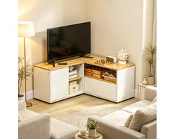 COVREO TV-meubel 90 x 90 x 45 cm wit en houtlook, spaanplaat - L-vormige hoekkast met open vakken