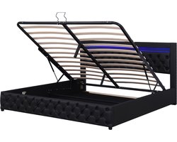COVREO Tweepersoons bed 140 x 190 cm - met opbergruimte, LED, lattenbodem, zwart