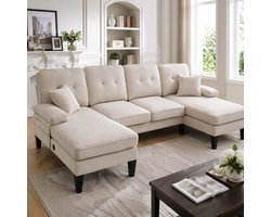 COVREO U-bank 250 x 130 x 88 cm - beige linnen, 4 zitplaatsen, met 2 chaise longues