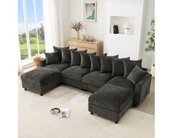 COVREO U-bank 283x153,5x78,5 cm grijs chenille, 6-zits met 2 hockers