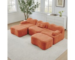 COVREO U-bank 288 x 167 x 70 cm – oranje velvet, 3-zits, met 2 hockers