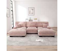 COVREO U-bank 313x145x81 cm - roze chenille, modulaire hoekbank met ottoman en slaapfunctie