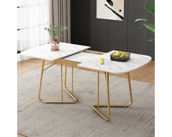 COVREO Uitschuifbare eettafel 140/180 x 80 cm - wit marmerlook fineer, gouden metalen poten, 4-6 personen