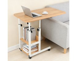 COVREO Verstelbare laptoptisch met wielen – 80x40x68-85 cm – Mobiele computertafel met 2-laags opbergrek – voor bed en bank – Wit houtlook