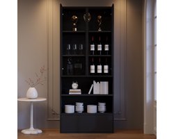 COVREO Vitrinekast 80x34x180 cm – zwart MDF en glas, met LED-verlichting en 1 lade, 6 Vakken, Transparante Glazen Deuren, Belastbaar tot 30 kg, Woonkamer en Boekenkast