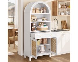 COVREO Vitrinekast met open vakken – Opbergmeubel met rotan deuren en lade – Buffetkast voor hal – 70x40x170 cm – Wit naturel
