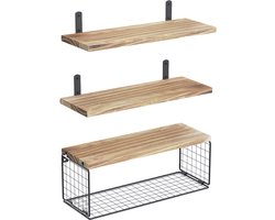 COVREO Wandplank badkamer 42x16x7 cm bruin hout, met metalen opbergbak
