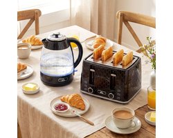 COVREO Waterkoker en broodrooster set 1,7 L 2200 W zwart kunststof met 4 sleuven en kalkfilter