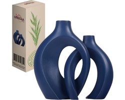 COZELLA® Vaas Duo – Bloemenvaas Keramische Vaas Set – Decoratieve Vaas – Donkerblauw