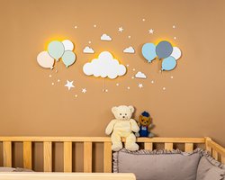 Cozy – 3-delig Kinderkamer Wandlampen Set – 2 Ballonnen + 1 Wolk – Montessori Geïnspireerde Baby Wanddecoratie van Hout – LED Nachtlamp Kindvriendelijk