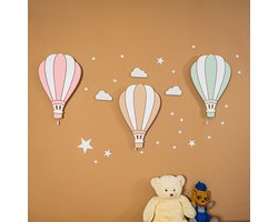 Cozy 3-delige Luchtballon Wandlampen Set – Kinderkamer Nachtlampjes van Hout – LED Wandlamp in Roze, Bruin & Mintgroen – Montessori Geïnspireerd & Kindvriendelijk