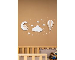 Cozy – 3-delige Montessori Kinderlampen Set – Wandlampen van Hout – Heißluftballon, Wolk & Olifant op de Maan – Handgemaakt & Kindveilig