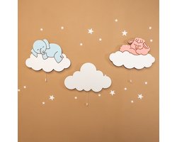 Cozy Collections Wandlamp Kinderkamer – Handgeschilderde MDF LED Nachtlamp – Veilig, Batterij-aangedreven & Decoratief – Olifant & Lam op Wolken Set