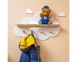 Cozy Collections Wandplank Wolk Kinderkamer – Montessori Boekenplank met Haakjes – Houten Kapstok voor Jassen & Tassen
