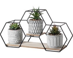 Cozy Cottage® Set van 3 Moderne Kunstplanten - Geometrische Keramiek met Metalen en Houten Bok - Perfect voor Woondecoratie, Badkamer, Woonkamer, Plank- en Tafeldecoratie