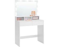 CozyLiving Moderne Witte Make-up tafel met Dimbare LED Verlichting - Kaptafel met Spiegel, 2 Laden en Aanpasbare Planken - Stijlvolle Opslag voor Make-up - Verborgen Kabels - Wit
