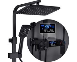 CozyLiving Regendouche met LED Scherm en Thermostaatkraan - Doucheset Zwart - Regendoucheset - Zwart Douchekolom met Thermostatische Mengkraan - 9 inch Douchekop