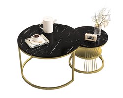 CozyLiving Salontafel Marmer - Salontafel met Opbergruimte - Salontafel Rond - Met opslagruimte - Bijzettafel - Koffietafel - Salon tafel - Set van 2 - Ø70 & Ø45cm - Marmer