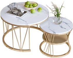 CozyLiving Salontafel Marmer - Salontafel met Opbergruimte - Salontafel Rond - Met opslagruimte - Bijzettafel - Set van 2 - Ø70 & Ø45cm - Marmer