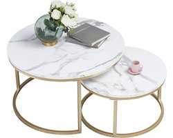 CozyLiving Salontafel Marmer - Salontafel Rond - Met opslagruimte - Bijzettafel - Koffietafel - Set van 2 - Ø60 & Ø40cm - Marmer - Wit