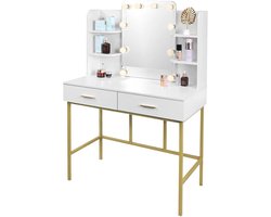 CozyLiving Stijlvolle Witte Kaptafel met Gouden frame - Luxe Make up Tafel - Eenvoudige Montage, Verstelbare LED Verlichting en Ruime Opbergruimte! - Creëer Jouw Perfecte Make-up Hoekje