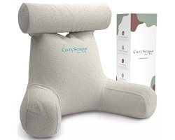 Cozysense® - Leeskussen - Leeskussen voor in Bed - Bookseat - Ergonomisch Zitkussen met Boucléstof - Boekkussen - Lees Kussen - Groot Formaat Steun voor Rug, Nek en Armen - Relax Kussen - Verstelbare Vulling - CertiPUR® - Afneembare Hoes - Beige
