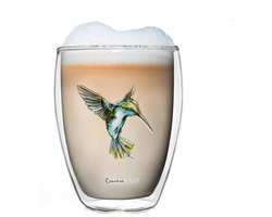 Creano dubbelwandig theeglas, Latte Macchiato, thermobeker kolibrie | 250ml in exclusieve geschenkdoos, blauw