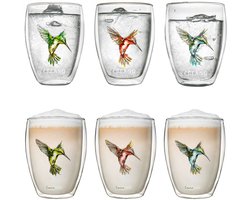 Creano dubbelwandige theeglazen, cappuccinoglas, thermo glas Hummi in kolibri-design, set van 6, 250 ml in exclusieve geschenkdoos, blauw / rood / groen