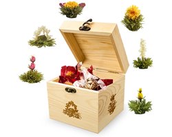 Creano ErblühTee houten decoratiebox, theebloemen mix cadeauset met 6 theerozen, witte thee in edele kist