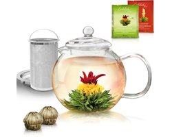 Creano glazen theepot 1,3l - inclusief 2 theebloemen - glazen theepot met geïntegreerde roestvrijstalen zeef en glazen deksel, druppelvrij